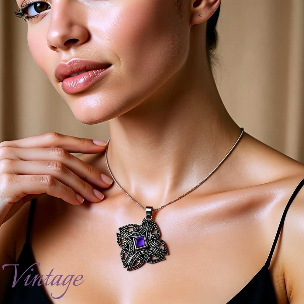Vintage Amethyst & Marcasite Silver Pendant Necklace